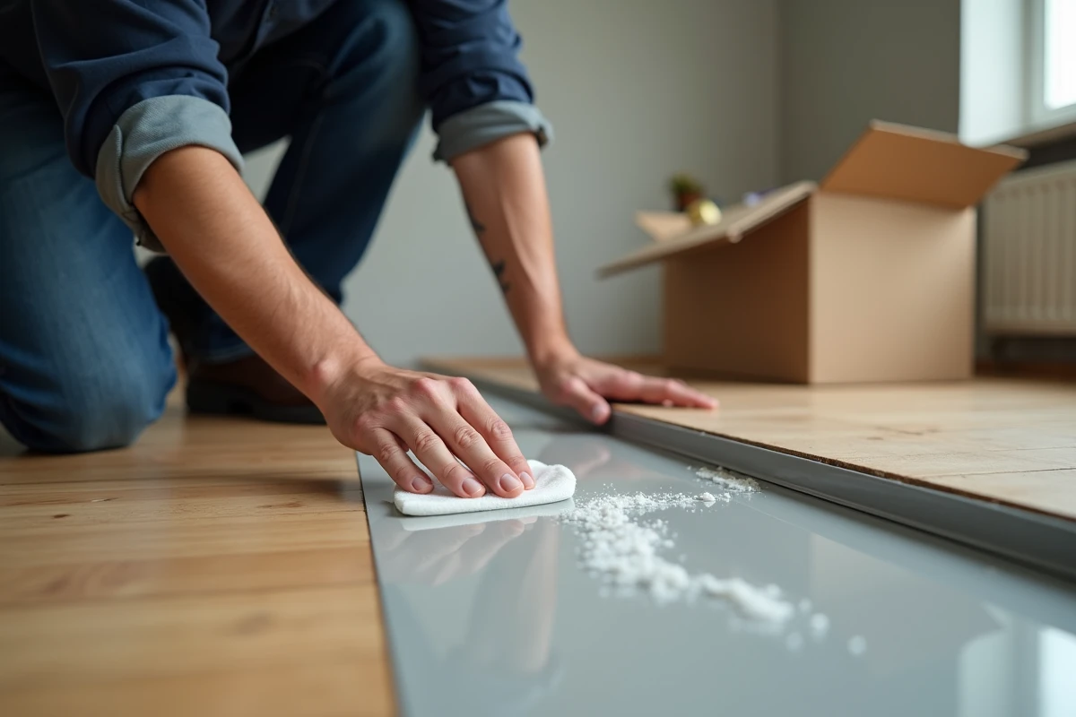 Homme utilisant une huile végétale pour décoller un résidu adhésif sur une plinthe en PVC gris dans une pièce en rénovation