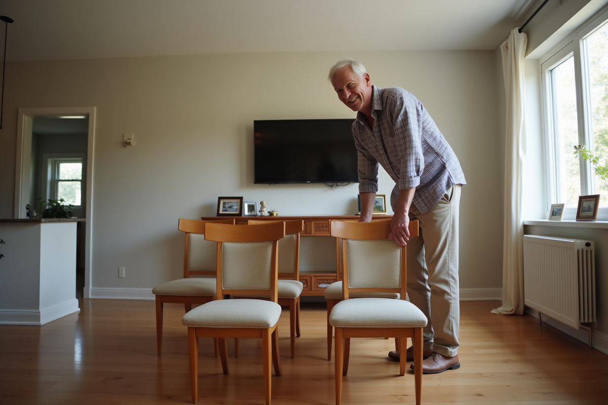 Homme âgé arrangeant des chaises vintage dans son salon