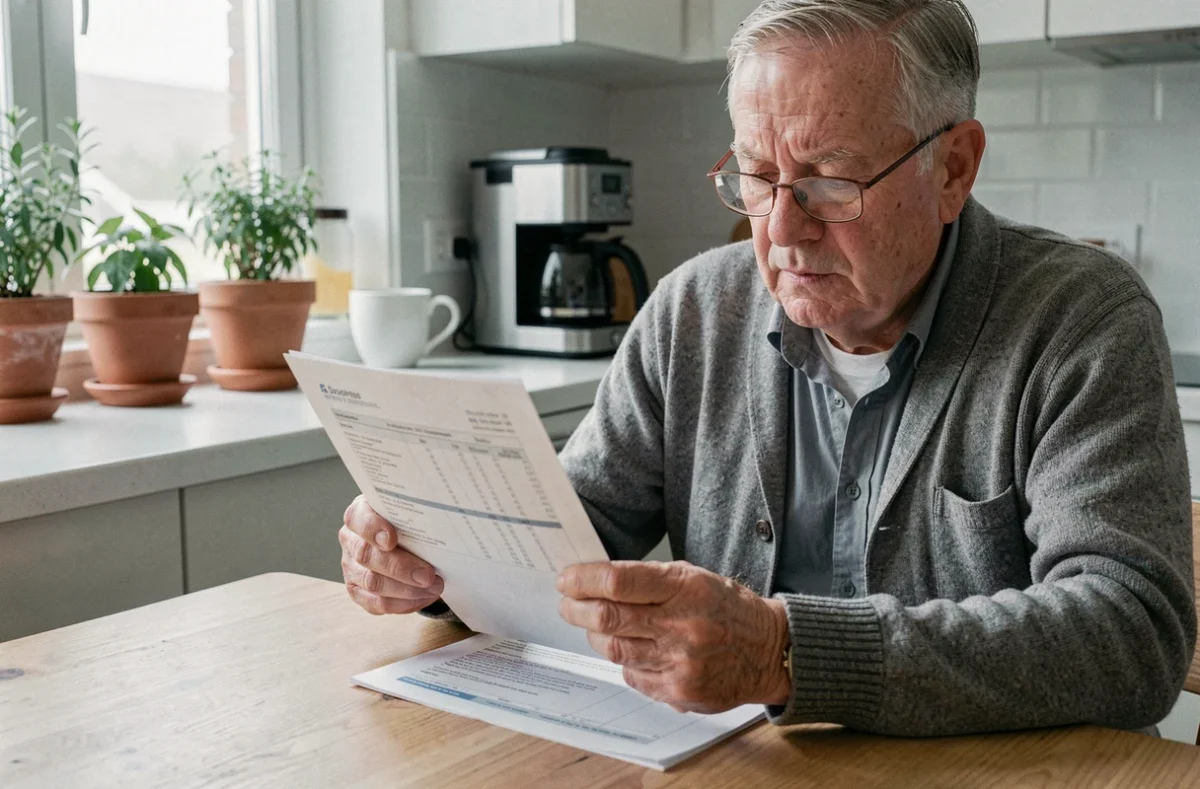 Retraité consultant une facture de services à domicile à sa table de cuisine, illustrant la déclaration fiscale des aides ménagères