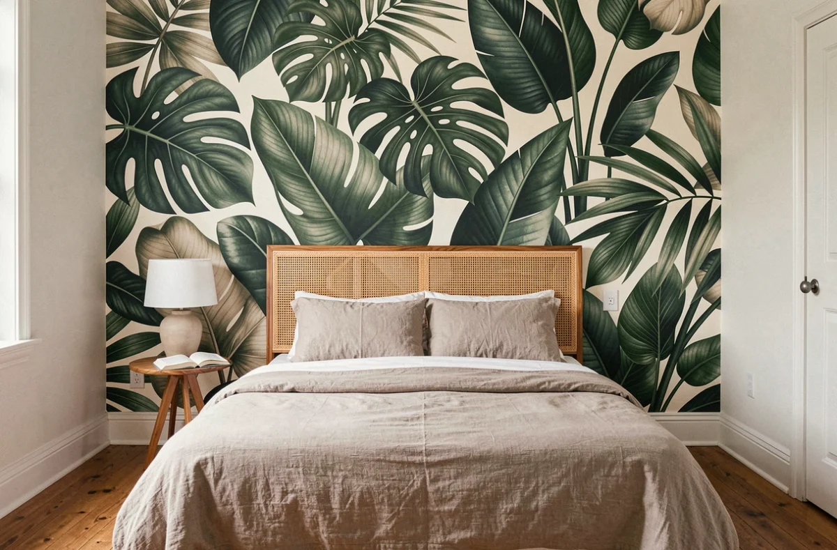 Chambre moderne avec mur accent recouvert d'un grand revêtement mural autocollant motif botanique tropical et tête de lit en rotin