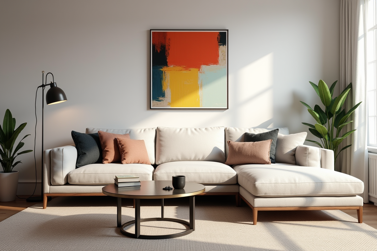 Salon scandinave avec tableau abstrait et mobilier minimaliste