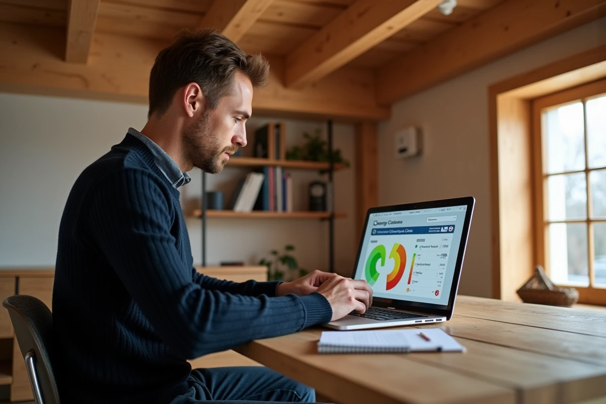 Homme utilisant un simulateur DPE en ligne pour estimer la valeur immobilière d'un bien énergétiquement performant