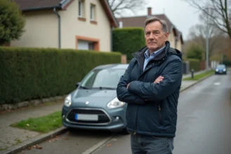 Homme devant sa maison regardant une voiture garée sur le trottoir qui bloque le passage piéton