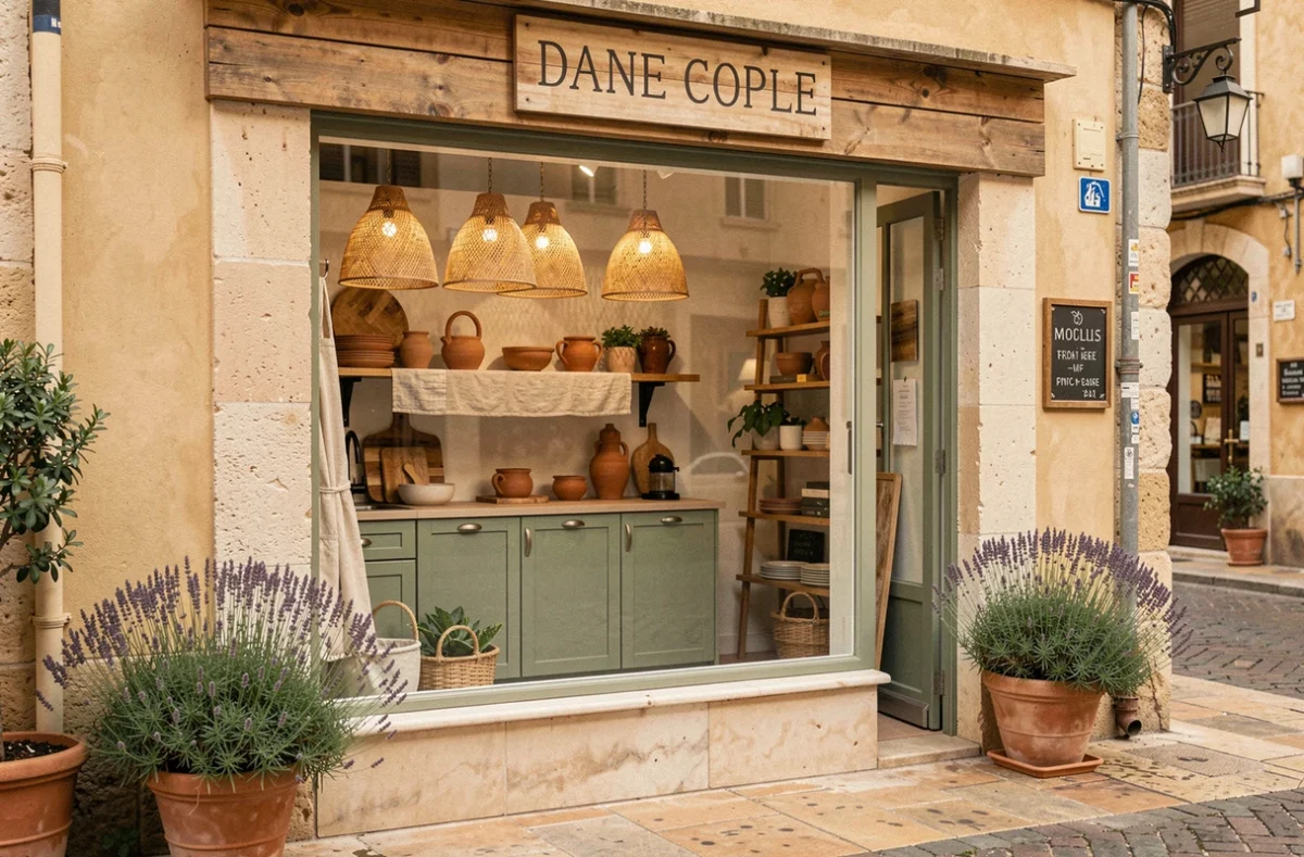 Vitrine de Store Decoration à Nice avec cuisine verte sauge et accessoires en céramique terracotta