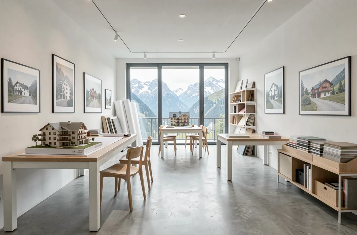 Studio professionnel de Studio 74 Design en Haute-Savoie avec maquettes, matériaux et plans architecturaux