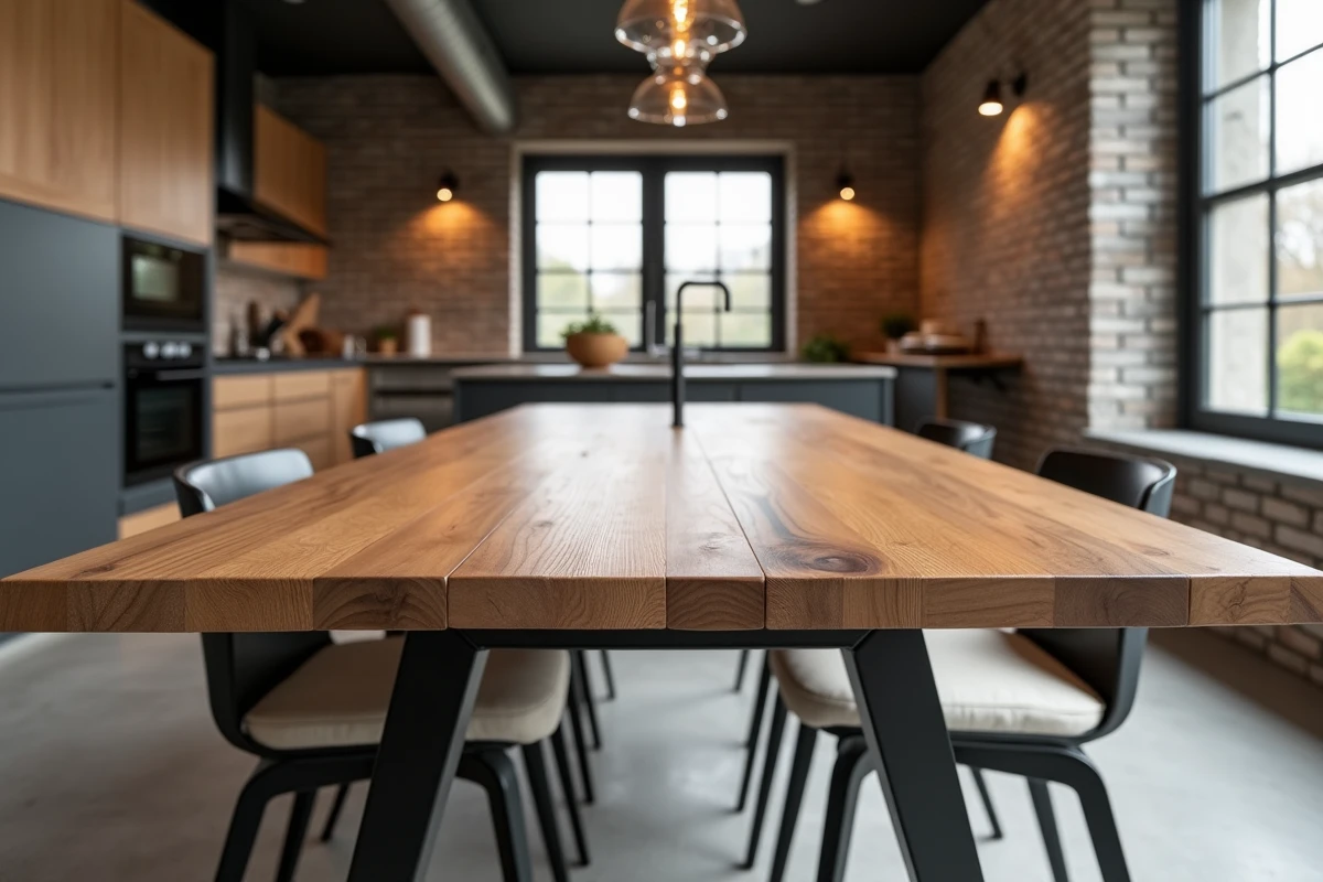 Table à manger en teck massif design contemporain avec chaises métal noir dans un espace cuisine ouvert industriel