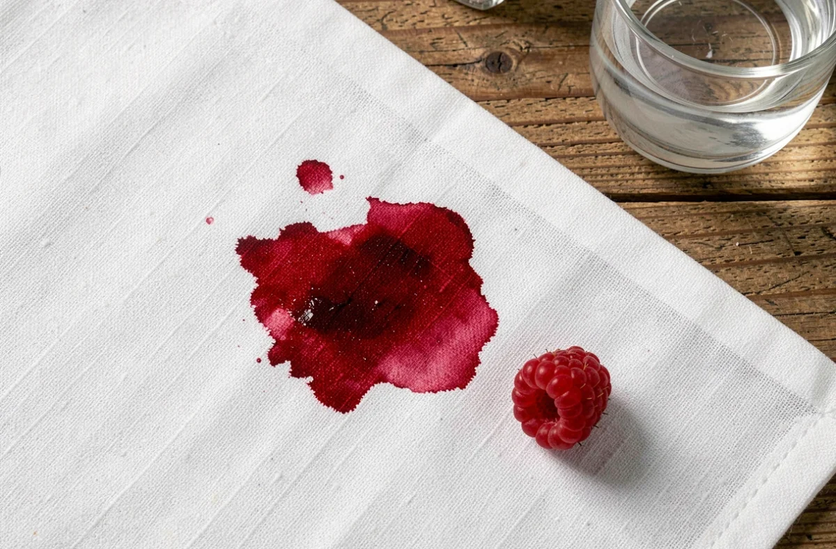 Tache de framboise sur une nappe blanche avec du sel et un verre d'eau posés à côté pour enlever la tache