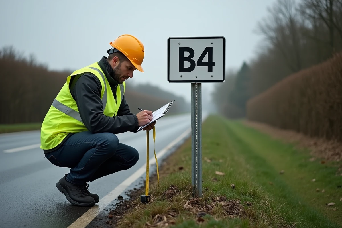 Technicien de voirie mesurant la distance d'implantation réglementaire d'un panneau B34 sur route rurale