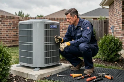 Technicien HVAC inspectant le compresseur d'une pompe à chaleur Atlantic installée à l'extérieur d'une maison