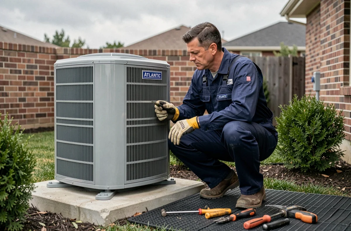 Technicien HVAC inspectant le compresseur d'une pompe à chaleur Atlantic installée à l'extérieur d'une maison