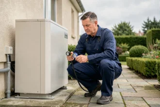 Technicien en train d'inspecter une pompe à chaleur air-eau installée sur la façade d'une maison individuelle