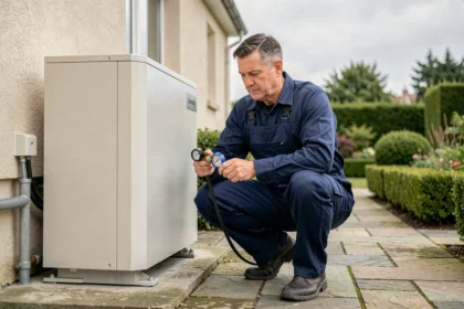 Technicien en train d'inspecter une pompe à chaleur air-eau installée sur la façade d'une maison individuelle
