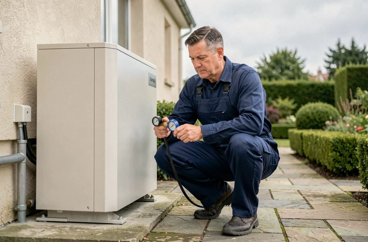Technicien en train d'inspecter une pompe à chaleur air-eau installée sur la façade d'une maison individuelle