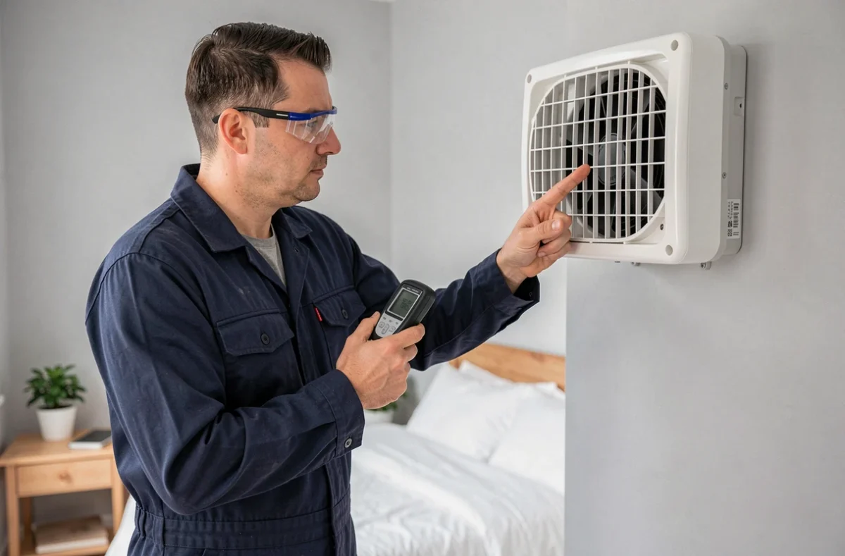 Technicien CVC inspectant une unité de ventilation double flux Clinside dans une chambre à coucher moderne avec literie blanche