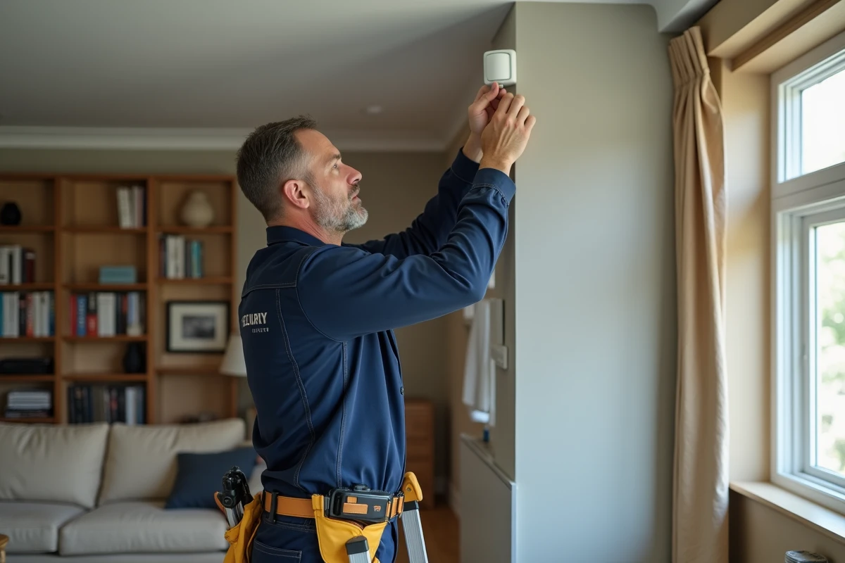 Technicien en uniforme installant un détecteur de mouvement sans fil au plafond d'un salon