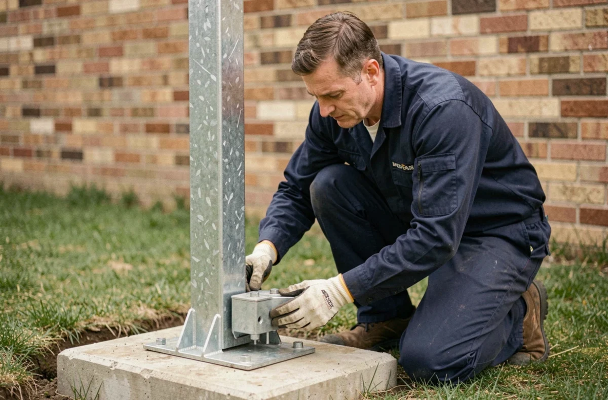 Technicien en train de vérifier un support au sol pour pompe à chaleur dans un jardin résidentiel