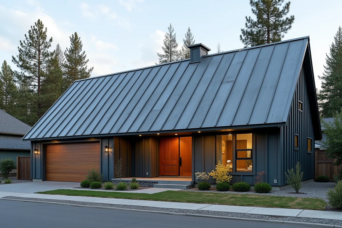 Maison moderne avec toiture en bac acier imitation zinc gris anthracite, vue extérieure grand angle