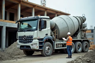 Toupie béton sur un chantier de construction avec ouvrier vérifiant le bon de livraison