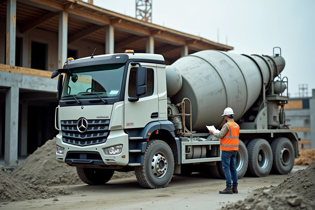 Toupie béton sur un chantier de construction avec ouvrier vérifiant le bon de livraison