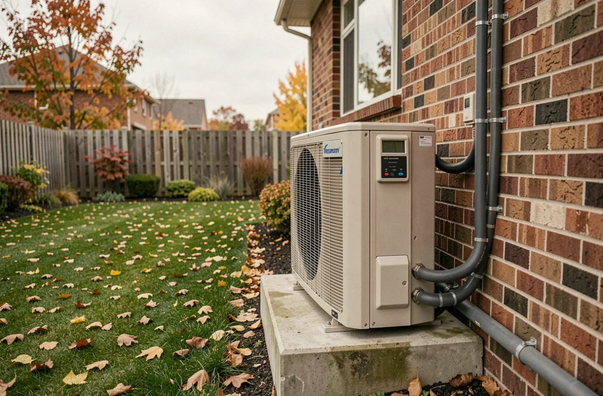 Unité extérieure de pompe à chaleur Viessmann Vitocal 222s installée sur dalle béton en jardin résidentiel