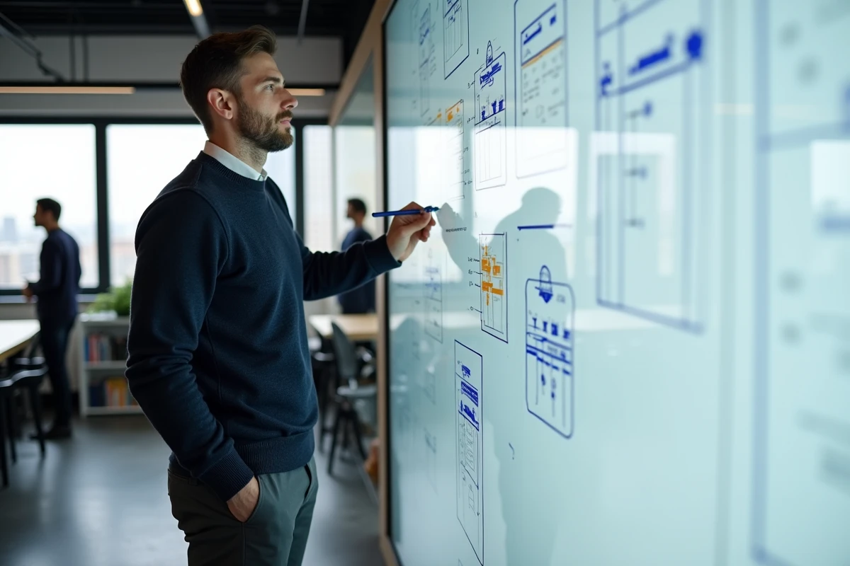 Designer UX dessinant un wireframe de branding digital avec palette bleu complémentaire sur tableau en verre dans un espace de coworking