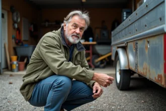 Homme vérifiant la plaque de charge maximale d'une remorque utilitaire avant de charger du sable