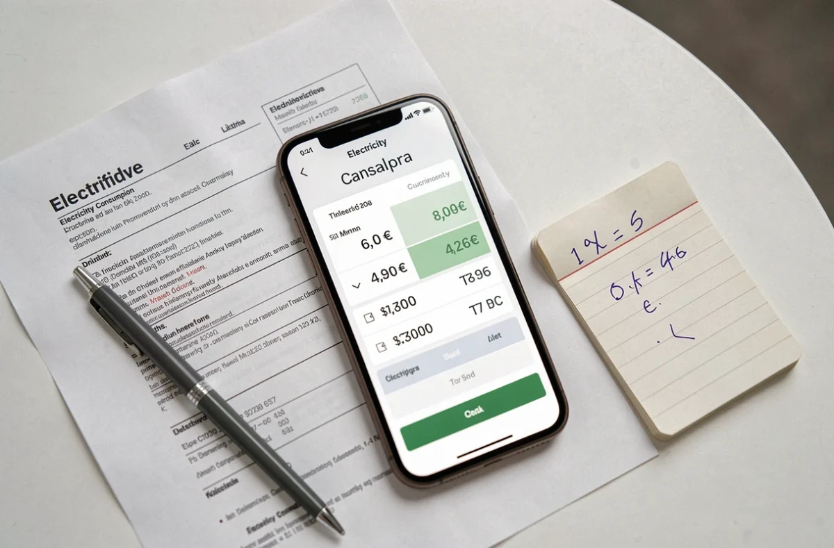 Vue de dessus d'un smartphone affichant un calculateur de consommation en euros à côté d'une facture d'électricité imprimée