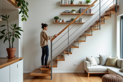 Femme arrangeant livres et plantes dans un loft lumineux