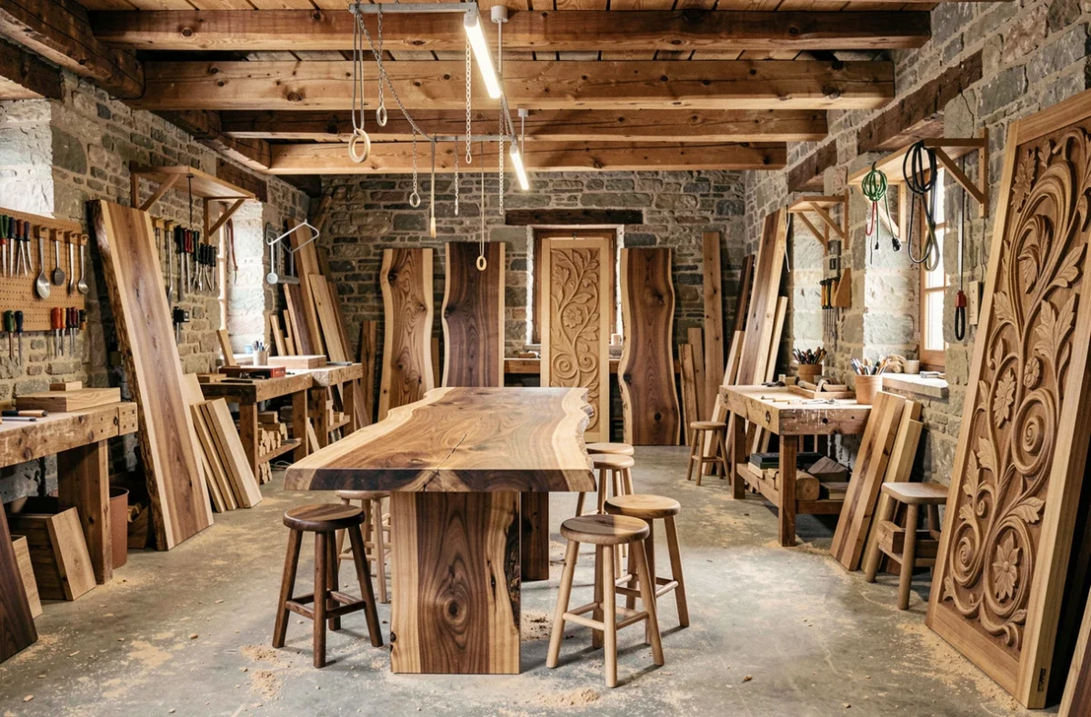 Atelier de création de Wood Stock Creation avec mobilier en bois sur mesure et décoration naturelle en Haute-Savoie